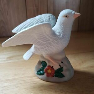 Ceramic White Dove Figurine with Red Flower‎ Base – 5" Vintage Bird Home Décor